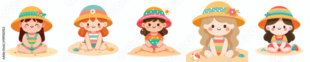 Naklejka premium vector of a little girl sitting on the beach sand celebrating summer