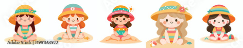 vector of a little girl sitting on the beach sand celebrating summer