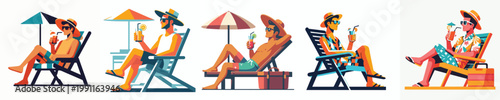 vector of a man relaxing on a beach chair and drinking orange juice celebrating summer