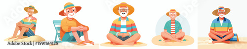 vector of a grandpa sitting on the beach sand celebrating summer