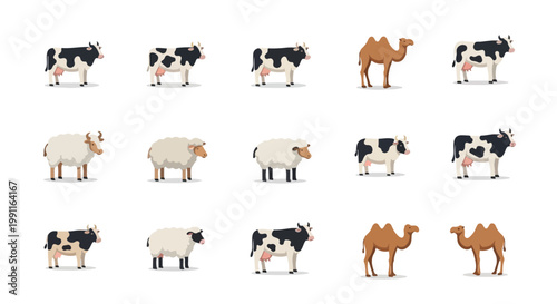 Eid Al Adha collection of farm animals including cows sheep and camels in a flat vector illustration style
