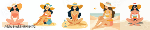 vector of a woman sitting on the beach sand celebrating summer