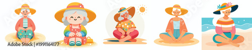 vector of a grandma sitting on the beach sand celebrating summer