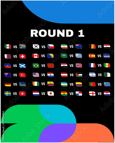 Matches Football Final United States 2026 Round 1 Flags Countries Teams Emblem Design Football Vector Illustration