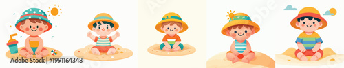 vector of a little boy sitting on the beach sand celebrating summer