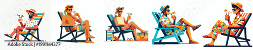 vector of a man relaxing on a beach chair and drinking orange juice celebrating summer