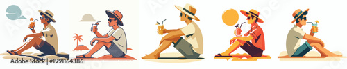 vector of a man sitting on the beach sand and drinking orange juice celebrating summer