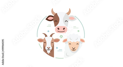 Eid Al Adha celebration with cute cartoon cow goat and sheep heads in a circle illustration