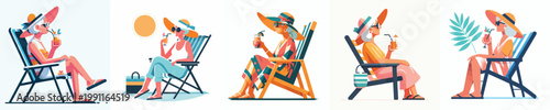vector of a grandma relaxing on a beach chair and drinking orange juice celebrating summer