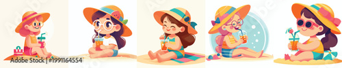 vector of a little girl sitting on the beach sand and drinking orange juice celebrating summer