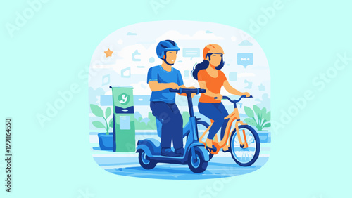 cartoon illustration of people cycling together in the city including a man and woman riding bicycles in a fun and active scene