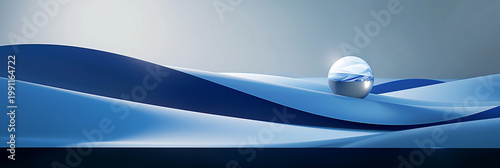 Glowing water sphere on smooth blue waves, minimal abstract liquid landscape with luxury calm aesthetic and copy space for premium branding