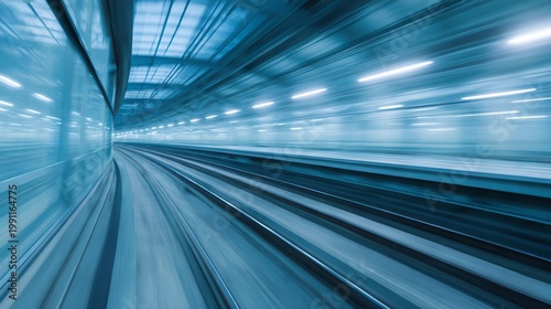 Blurred train speeds through modern tunnel