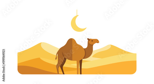Eid Al Adha desert scene with a camel and crescent moon, symbolizing Islamic holiday traditions and Middle Eastern culture