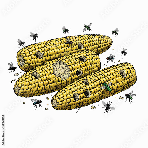 Three damaged corn cobs infested with flies.