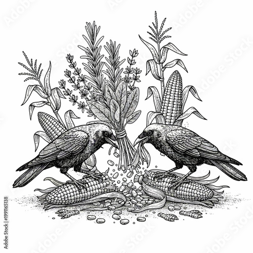 Two Crows Feasting on Harvested Corn and Grains.