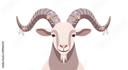 Eid Al Adha festive goat illustration with floral decorations on horns, celebrating Islamic tradition and sacrifice