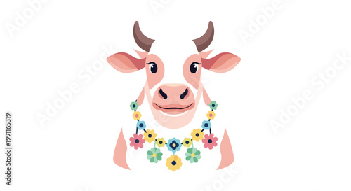 Cute cartoon cow wearing a colorful flower necklace celebrating Eid Al Adha, festive animal illustration