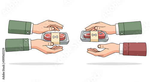 Eid Al Adha celebration with hands exchanging packaged meat cuts for sacrifice or sharing, traditional Islamic holiday concept