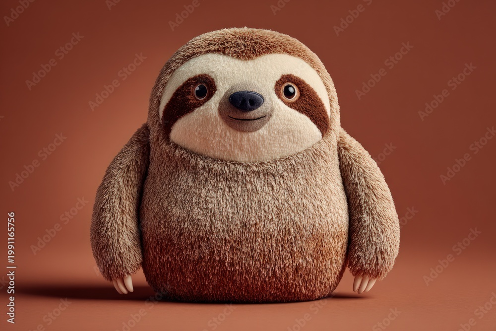 Fototapeta premium Cute fluffy sloth plush toy sitting on brown background, copy space
