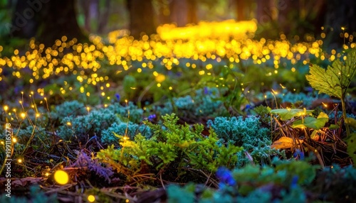 Fireflies Lighting Up Forest Floor at Night.
