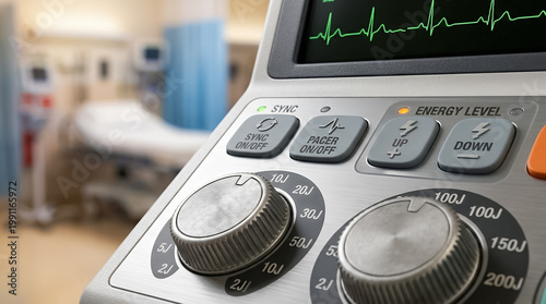 Close up of medical defibrillator control panel with pacer and sync buttons. Large dials for energy selection focus on emergency equipment in hospital intensive care unit or emergency room. Copy-space