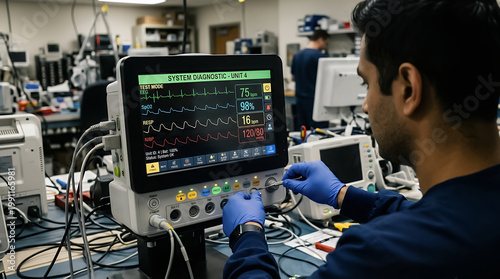 Faceless biomedical technician in glove calibrates medical patient monitor with tool on control dial. Screen displays test ECG waveform in laboratory. Calibration maintenance. Diagnostic system.
