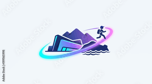 Dynamic illustration of a person running around a mountain range icon.