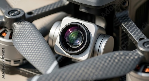 Macro close-up of drone camera lens and propellers, sharp focus, detailed texture, highlighting precision engineering and modern technology components