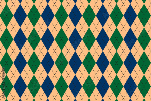 Traditional argyle pattern with blue and green rhombus shapes for menswear. Sweater, socks, plaid or wrapping paper print with repeated diamonds. Father Day theme wallpaper. Vector illustration.