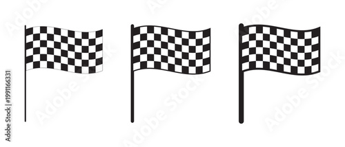 Set of winding race flags with checkered black and white texture. Start or finish signals on sport car competitions. Rally or motocross props isolated on white background. Vector graphic illustration