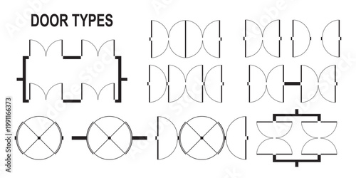 Set of open and closed door icons for floor plan. Entrance and exit signs in top view. Architecture elements for interior design draft isolated on white background. Vector graphic illustration