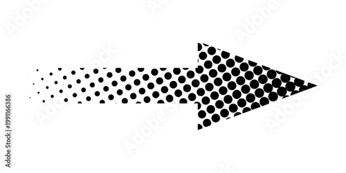 Black arrow symbol with faded polka dot texture isolated on white background. Direction, motion, download or next sign with vanishing halftone effect. Vector graphic illustration.