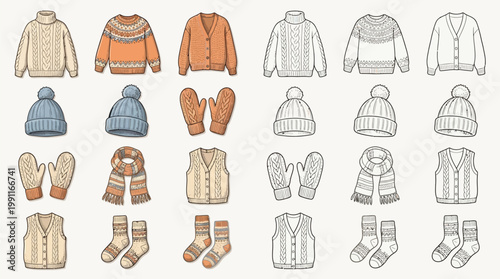 A collection of cozy winter clothing items including sweaters, hats, scarves, mittens, and vests, presented in a grid layout.
