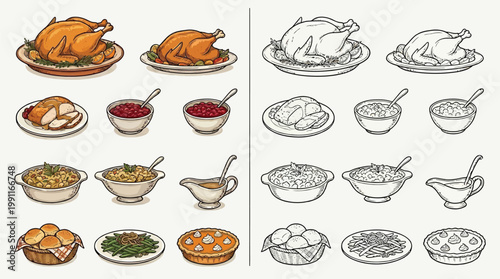 A collection of colorful and black and white illustrations of a traditional Thanksgiving dinner spread, featuring roasted turkey, side dishes, and pie.