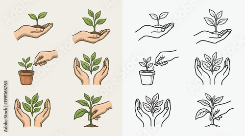 Collection of illustrations depicting hands nurturing and planting young green sprouts, symbolizing growth and care.