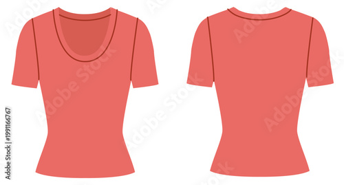 Red scoop neck top fitted silhouette, clean construction lines, minimal structure simple casual appearance everyday wear. Technical fashion illustration in flat color, front back views. Vector
