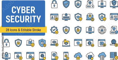 Cyber security icons set with shield, lock, and computer symbols vector illustration