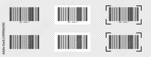 Set of barcode templates with scanner frames. Bar code labels isolated on transparent background. Visual data digital representation with product or manufacturer information. Vector illustration