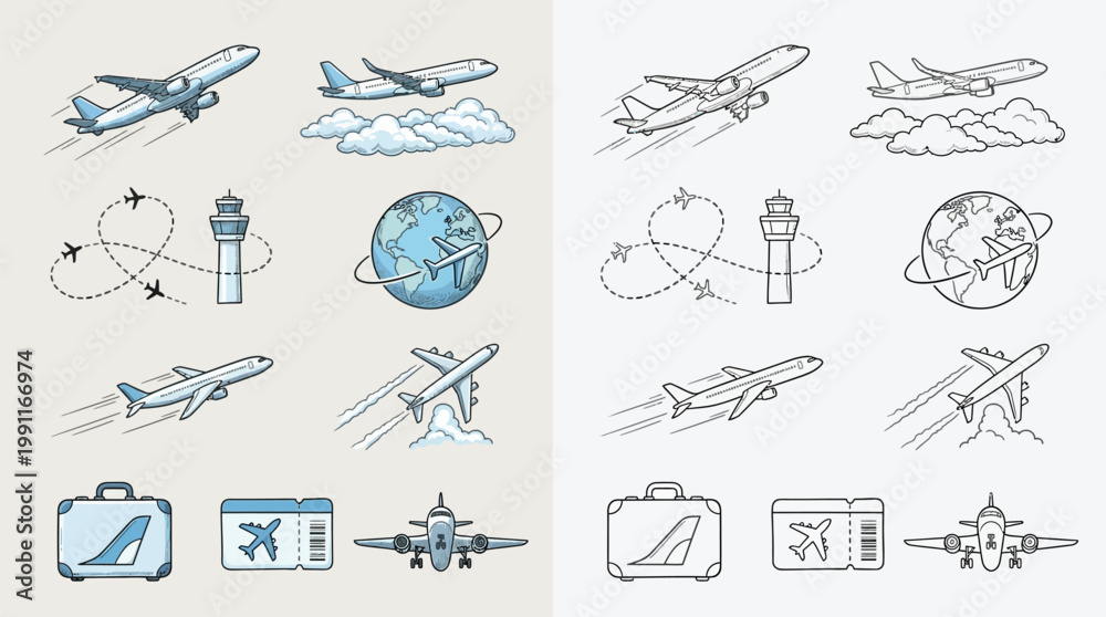 Fototapeta premium Collection of airplane and travel-related icons, including planes, airports, globes, and luggage, presented in both color and outline styles.