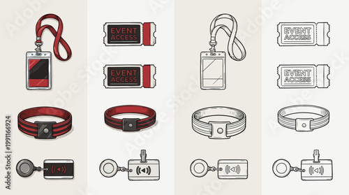 Collection of event access items including lanyards, tickets, wristbands, and key fobs, presented in both color and monochrome.