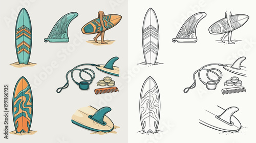 Foto Collection of surfboards, fins, and accessories, presented in both colored and line-art styles, illustrating surfing equipment