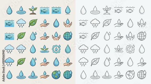 A collection of colorful and monochrome icons representing water conservation, environmental protection, and nature.