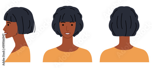 Curl Under Page Boy Bob hairstyle flat vector front back profile views, rounded haircut shape smooth curve for avatar, beauty app, interface, fashion illustration, salon presentation