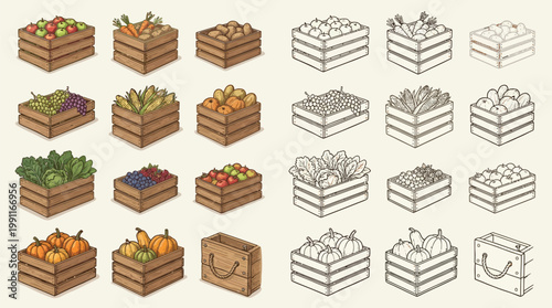 A collection of hand-drawn illustrations of wooden crates and paper bags filled with various fresh fruits and vegetables, presented in a grid format.