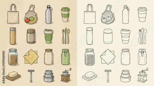 Collection of reusable eco-friendly products for daily use, including bags, bottles, cups, jars, and personal care items.