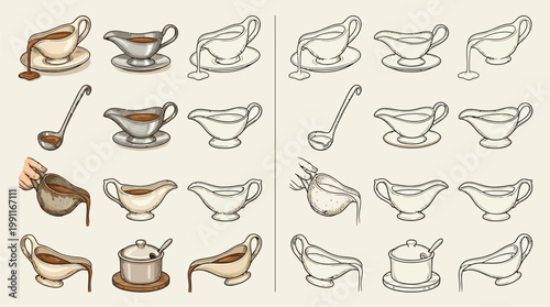 A collection of various gravy boats and ladles, some filled with gravy, depicted in a stylized illustration.