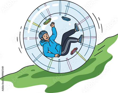 Cartoon man tumbling inside a rolling transparent gyroscope sphere on grass, dynamic vector illustration isolated on white background, ideal for motion, fitness, and technology themes.