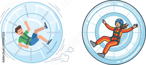 Set of cartoon characters spinning inside transparent gyroscope spheres, dynamic vector illustrations isolated on white background, ideal for motion, fitness, and futuristic activity themes.