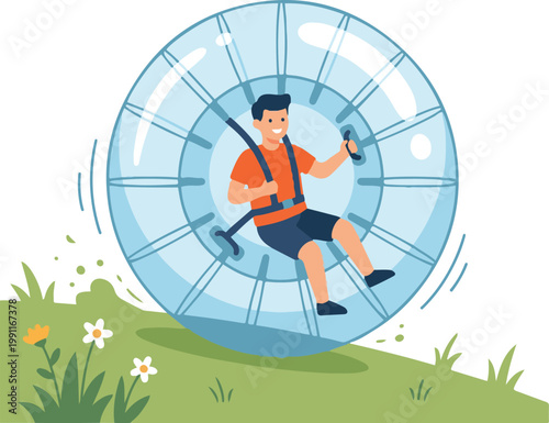 Cartoon man running inside a transparent rolling gyroscope sphere on grass, colorful vector illustration isolated on white background, ideal for fitness, motion, and outdoor activity themes.